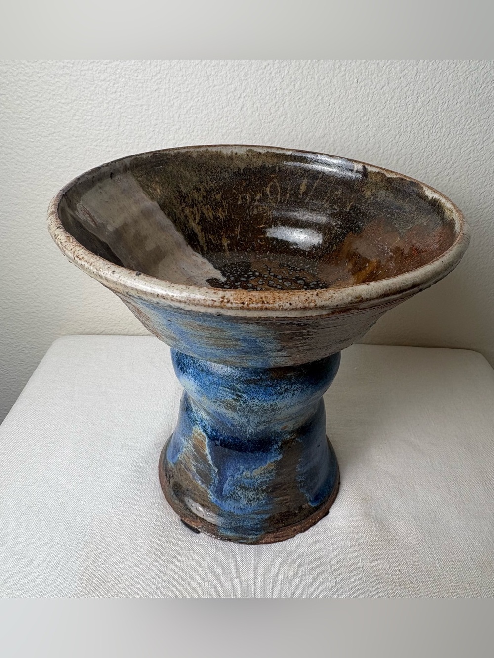 Vintage Studio Art Pottery Pedestal Bowl Compote Centerpiece Earthy Blue Brown